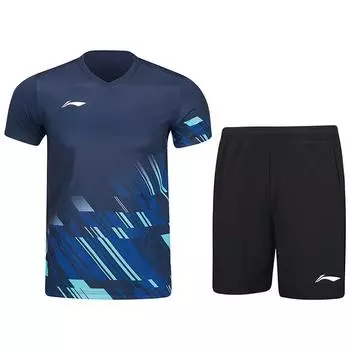 Li-Ning Club Series Полосатый принт V-образный вырез дышащий универсальный короткий рукав прямые брюки средняя талия шорты повседневный спортивный костюм унисекс костюм AATU053-4 S