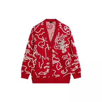 Li Ning Cny Wanshi Qingsong Series Brand Logo Pattern Вышитый V-образный вырез Длинный рукав Вязаный свитер унисекс Свитер Агатово-красный AMBU245-1 S
