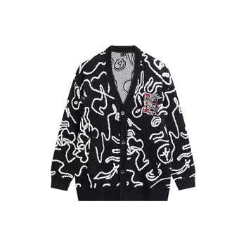 Li Ning Cny Wanshi Qingsong Series Brand Logo Pattern Вышитый V-образный вырез Длинный рукав Вязаный свитер Унисекс свитер Черный AMBU245-2 S