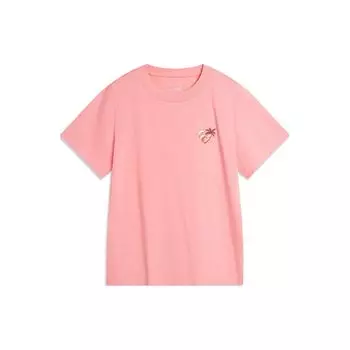 Li-Ning Coconut Tree Print Casual Round Neck Short Sleeve Drop Shoulder T-Shirt Women Tops Tea-Flower-Pink AHSU352-4 S
