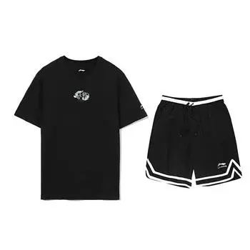 Li-Ning College Style Knitted Breathable Short Sleeve Solid Color Fashion Comfortable Shorts Casual Sports Suit Unisex suit Black AHST821-2+YAPV001-1 M