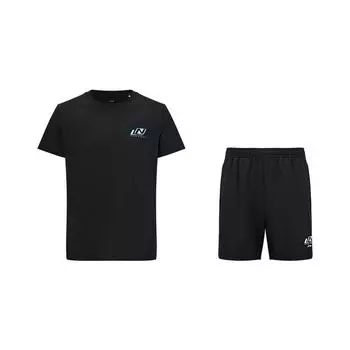 Li Ning College Style Однотонный Дышащий Прохладный Комплект для Повседневной Спортивной Одежды с Коротким Рукавом и Шортами, Устойчивый к Загрязнениям, Унисекс, Черный ATSV607-1+AKSV675-1 M