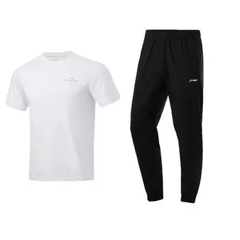 Li-Ning College Style Quick-Dry Breathable Fashion Comfortable Short Sleeve Solid Loose Long Pants Casual Sports Suit AYKT415-1+ATSU817-2 S