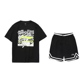Li-Ning College Style Solid Color Round Neck Short Sleeve Fashion Comfortable Simple Shorts Casual Sports Suit Unisex suit Black AHSUA21-2+YAPV001-1 L