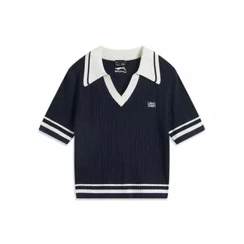 Li-Ning Color Block Comfortable Breathable Versatile Short Sleeve Knit Top Women tops Deep-Navy-Blue AMBV302-3 XS