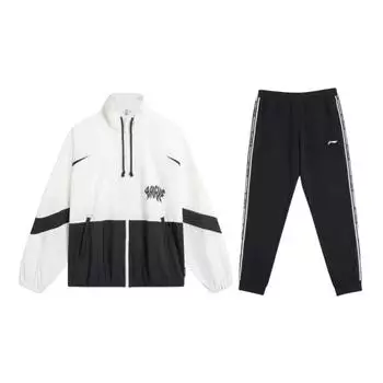 Li-Ning Color Block Letter Print Cardigan Stand Collar Windbreaker Comfortable Cuffed Warm Long Pants Casual Sports Suit AFDU419-2+YKLU333-1 S