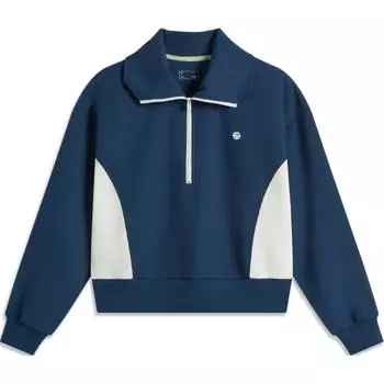 Li Ning Color Block Polo Collar Удобная дышащая свободная толстовка Женская толстовка Deep-Navy Cream AWDU604-2 S