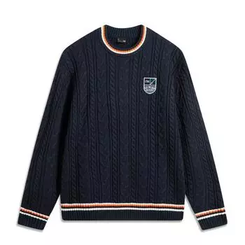 Li-Ning Color Block Round Neck Comfortable Breathable Versatile Casual Loose Long Sleeve Knit Sweater Men tops Deep-Navy-Blue AMBU235-2 M