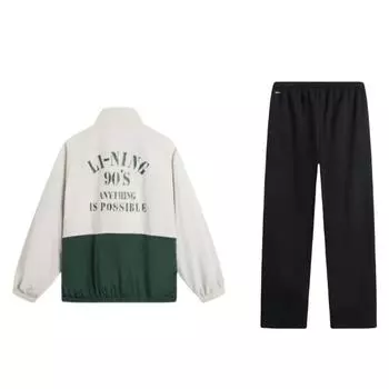 Li-Ning Color Block Stand Collar Windbreaker Long Sleeve Straight Leg Drawstring Fleece Mid Waist Loose Fit Pants Sports Suit AKLU521-1+AFDU701-1 XL
