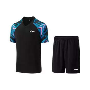 Li-Ning Color Block V-Neck Short Sleeve T-Shirt And Solid Straight Shorts Casual Sports Set Unisex Sports Set Black AATU027-1