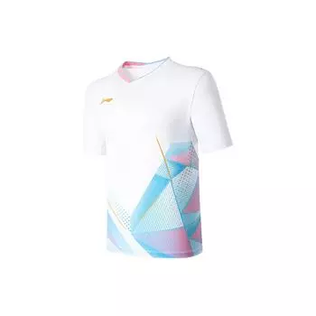 Li-Ning Color Block V-Neck Sports Competition Short Sleeve T-Shirt Unisex Tops Standard-White AAYU127-2 M