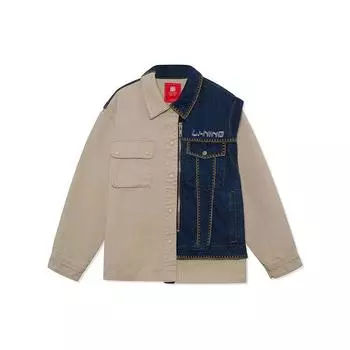 Li Ning Color Block Washed Loose Denim Jacket Men Jackets Dusty-Earth Denim-Blue AFDR823-1 XL