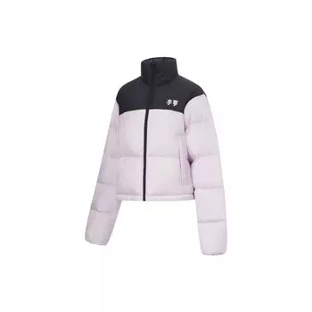 Li Ning Color Block водонепроницаемая свободная короткая куртка-пуховик женская верхняя одежда светло-туманно-фиолетовый AYMT318-2 XL