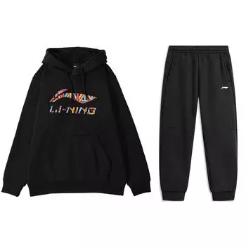 Li-Ning Colorful Letter Logo Loose Print Hoodie Long Sleeve Comfortable Pants Casual Sports Suit Unisex suit Black YWDT337-1+AKLUA73-6 L