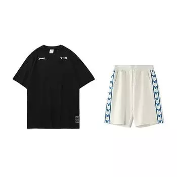 Li-Ning Colorful Letter Logo Print Round Neck Short Sleeve Fashion Comfortable Shorts Casual Sports Suit Unisex suit YHSU189-1+YKSV129-1 S
