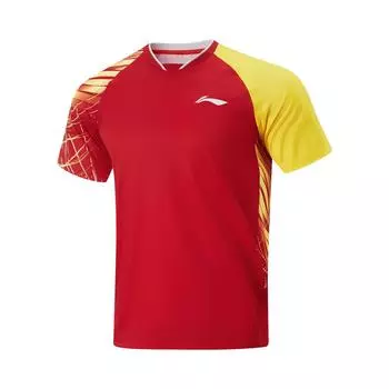 Li-Ning Comfortable Breathable Spliced Printed Short Sleeve T-Shirt Men Tops Cherry-Blossom-Red AAYV067-3 XS