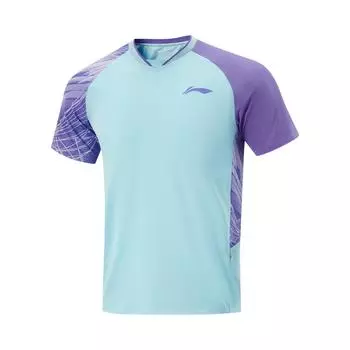 Li-Ning Comfortable Breathable Spliced Printed Short Sleeve T-Shirt Men Tops Light-Wax-Blue AAYV067-2 XL