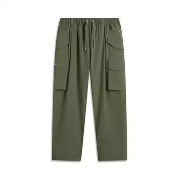 Li-Ning Comfortable Casual Simple Loose Solid Color Mid Waist Drawstring Sports Long Pants Men bottoms Military-Green AYKV107-5 L