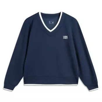 Li-Ning Comfortable Casual Simple V-Neck Pullover Loose Long Sleeve Sweatshirt Women sweatshirt Deep-Navy-Blue AWDV886-2 XS