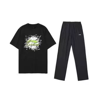 Li-Ning Comfortable Cotton Short Sleeve Quick Dry Pants Casual Sports Suit Men suit Black AHSUA05-2+AYKU703-1 M