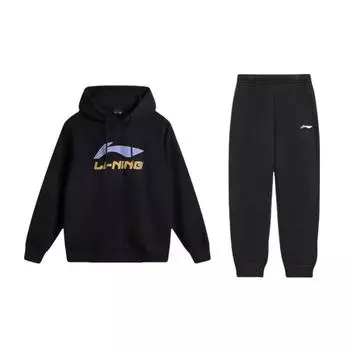 Li-Ning Comfortable Letter Logo Hooded Loose Drop Shoulder Long Sleeve Elastic Waist Long Pants Casual Sports Suit Unisex suit AWDV253-2+AKLSG35-1 S