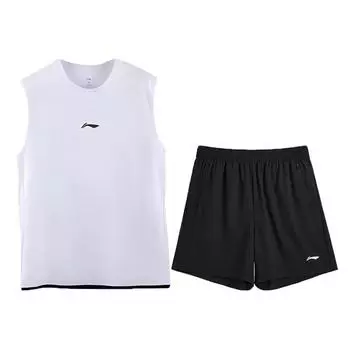 Li-Ning Comfortable Round Neck Pullover Simple Top Breathable Versatile Fashion Shorts Casual Sports Suit Unisex Sportswear AAPV157-1+YVSV017-1 4XL