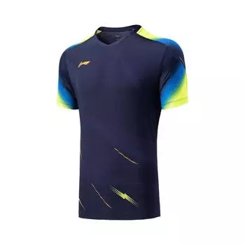 Li-Ning Comfortable Simple Versatile V-Neck Pullover Short Sleeve Badminton Shirt Unisex tops Sailor-Blue AAYV163-4 M