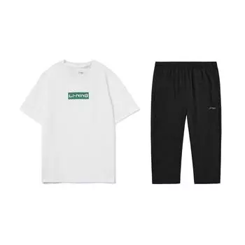 Li-Ning Comfortable Versatile Breathable Loose Short Sleeve T-Shirt And Mid-Waist Seven-Point Pants Casual Sports Set Men sets AHSUA11-2+AKQU429-1 M