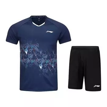Li-Ning Comfortable Versatile V-Neck Short Sleeve T-Shirt Simple Tie Shorts Casual Sports Set Unisex Sportswear Deep-Navy AATV009-3 M