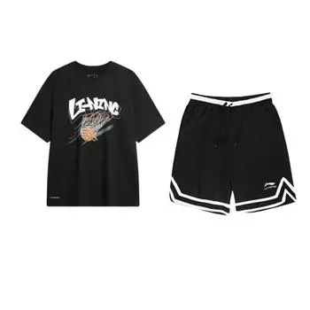 Li-Ning Cool Tea быстросохнущий прохладный круглый вырез свободный свитер с коротким рукавом футболка с завязанными шортами повседневный спортивный комплект AAPR395-1+AHSU671-1 L