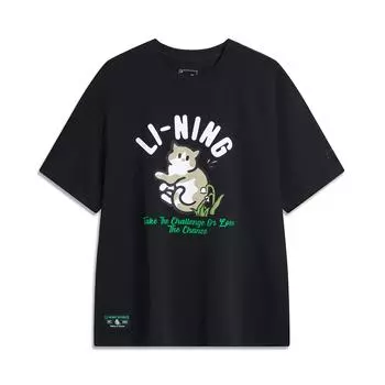 Li-Ning Cool Tea T быстросохнущая классная повседневная спортивная футболка с буквенным принтом и круглым вырезом, свободная футболка с коротким рукавом и заниженной линией плеч, женские топы, черный цвет AHSU750-1 XL