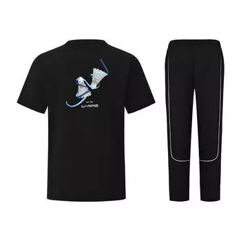 Li-Ning Creative Badminton Pattern Quick-Dry Cool Short Sleeve Comfortable Straight Leg Pants Casual Sports Suit Unisex Sportswear ATSU919-1+AKLUD91-1 M