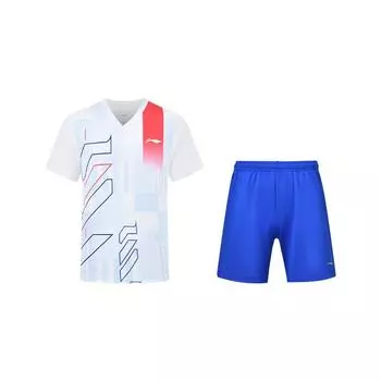 Li-Ning Creative Geometric Line Color Block V-Neck Short Sleeve Tie Waist Shorts Casual Sports Set Unisex sets AAYU269-2+AKYT063-2 2XL