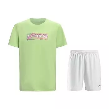 Li-Ning Creative Logo Loose Fit Pullover Short Sleeve Top Lightweight Quick Dry Versatile Fashion Shorts Casual Sports Set ATSV627-3+AAPV137-2 S