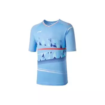 Li-Ning Цветные блоки V-образный вырез дышащая спортивная тренировочная футболка с коротким рукавом унисекс топы ярко-небесно-голубой AAYU131-3 3XL