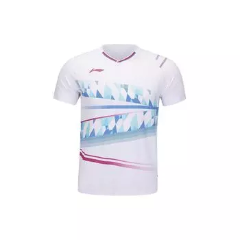 Li-Ning Цветные блоки V-образный вырез дышащая тренировочная футболка с коротким рукавом унисекс топы белые AAYU131-2 XL