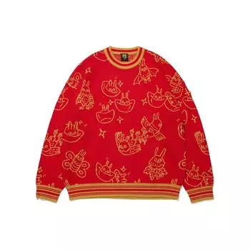 Li-Ning Daily Gold Series Новогодний жаккардовый пуловер с рисунком животных, вязаный свитер унисекс, красный AMBT007-1 XXL