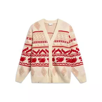 Li Ning Daily Prosperity Series All Over Print Вышитый V-образный вырез Вязаный свитер Однобортный длинный рукав Трикотаж Мужской свитер Off-White AMBU021-1 XL