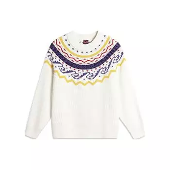 Li Ning Daily Prosperity Series Printed Round Neck Pullover Long Sleeve Knit Sweeper Women sweater Off-White AMBU010-4 S