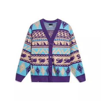 Li Ning Daily Prosperity Series сплошной принт вышитый V-образный вырез однобортный длинный рукав вязаный свитер мужской свитер ультрафиолетовый AMBU021-3 L