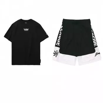 Li-Ning Dancing Stars Print Short Sleeve Comfortable Five Point Pants Casual Sports Suit Men suit AHSR167-3+AAPN041-1 M