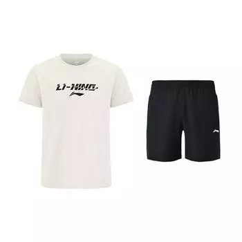 Li Ning Динамичный логотип с буквами Классическая быстросохнущая свободная футболка Шорты прямого кроя на кулиске Универсальный повседневный спортивный комплект ATSV605-2+AKSU789-3 M