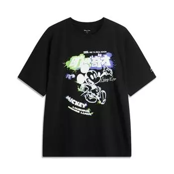 Li Ning Disney Mickey Collaboration Мягкая Удобная Дышащая Простая Универсальная Свободная Футболка с Круглым Вырезом и Коротким Рукавом Унисекс Топы Черные AHSUA79-2 M