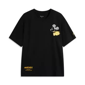 Li Ning Disney Mickey Collaboration Мягкая удобная дышащая футболка с вышитым логотипом с круглым вырезом и коротким рукавом, мужские футболки черного цвета AHSUA75-2 M