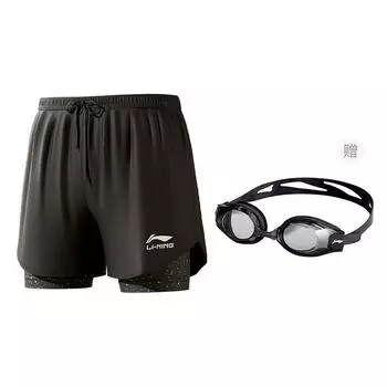 Li-Ning Double Layer Anti-Embarrassment Comfortable Solid Color Lace-Up Breathable Moisture-Wicking Swim Trunks Men swim trunks Black LSKV328-C L