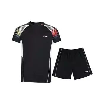 Li-Ning Дышащая быстросохнущая футболка с коротким рукавом и шорты, повседневный спортивный комплект для мужчин, черный цвет AATR045-1 XL