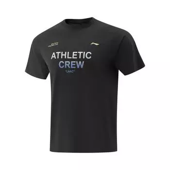 Li Ning Дышащая футболка с круглым вырезом и принтом букв, удобная, с коротким рукавом, мужская, топы, черная ATSV279-1 S