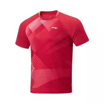 Li-Ning Дышащая удобная футболка с геометрическим рисунком и цветными блоками, с круглым вырезом, коротким рукавом, реглан, топы унисекс, вишневый цвет, красный AAYU031-3 2XL
