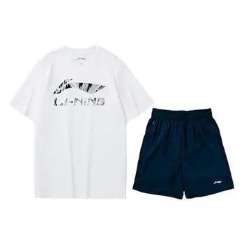 Li-Ning Дышащий быстросохнущий спортивный костюм с коротким рукавом для бега, мужская спортивная одежда, цвет белый, темно-синий ATST631-2+AKST633-2 XXL