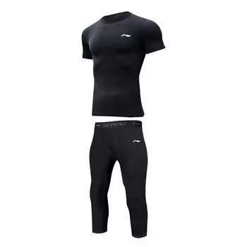 Li-Ning Elastic Slim Fit Training Sweat-Wicking Breathable Basketball Running Professional Training Crew Neck Fitness Set Men sets Black YUDU052-1 L